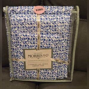WILLIAM MORRIS & Co CAL. KING Cotton Blue & White Luxurious Floral Sheet Set NEW